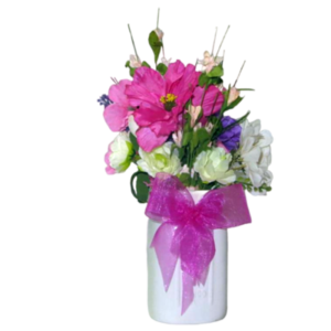 White Mason jar with Sheer Hot Pink bow and Pink Spray Roses...