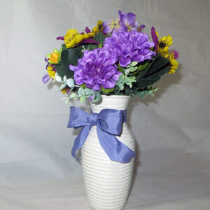 White rope ceramic vase with Violas and Dahlias ...